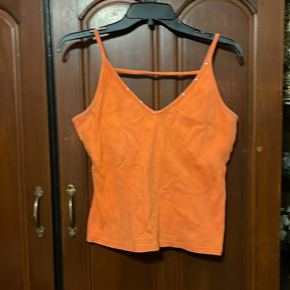 Derek Heart Embellished V Neck Orange Strappy Open Back Deep V Cami Size Large